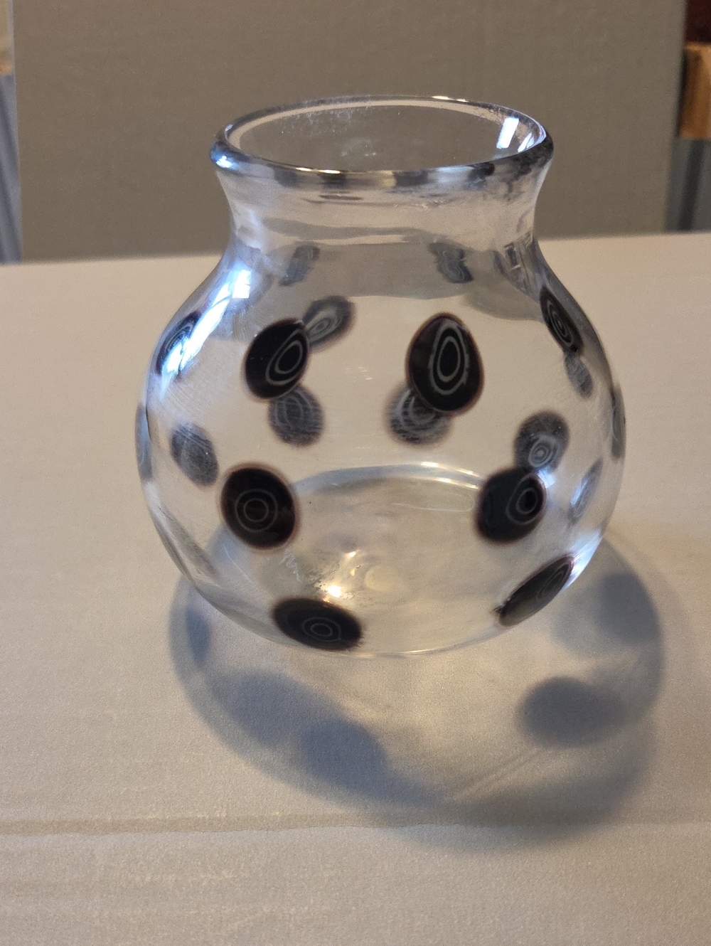Art Glass Rose Bowl W/Brown, Black, White Millefiori Pattern - Signed '03